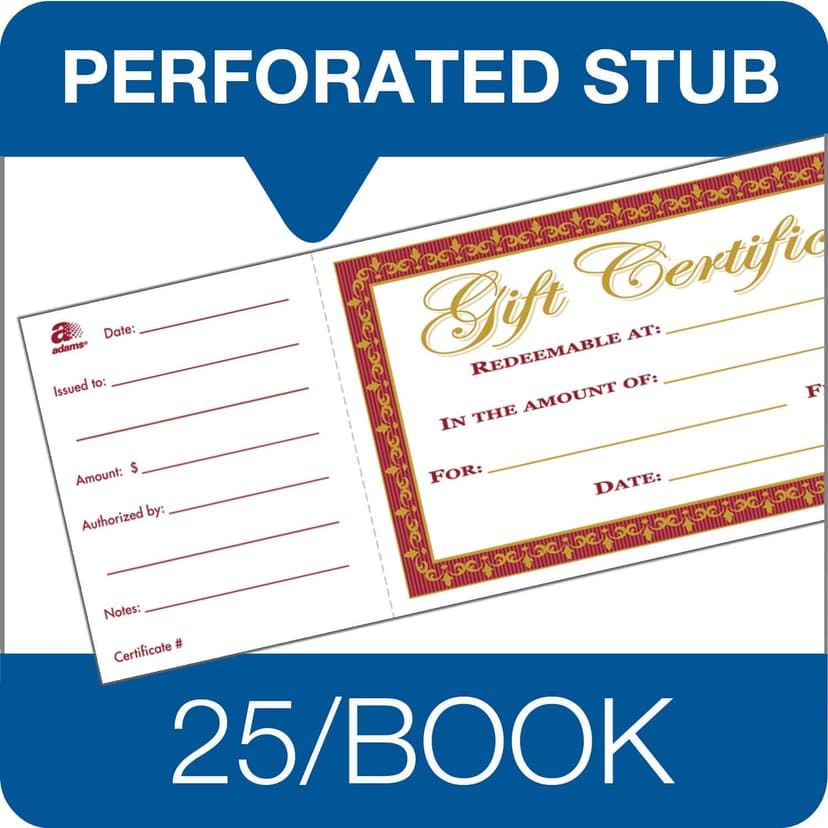 Adams 1-Part Gift Certificates with Stub, 3-1/4" x 11", 25 Certificates/BK (GFTBK1)