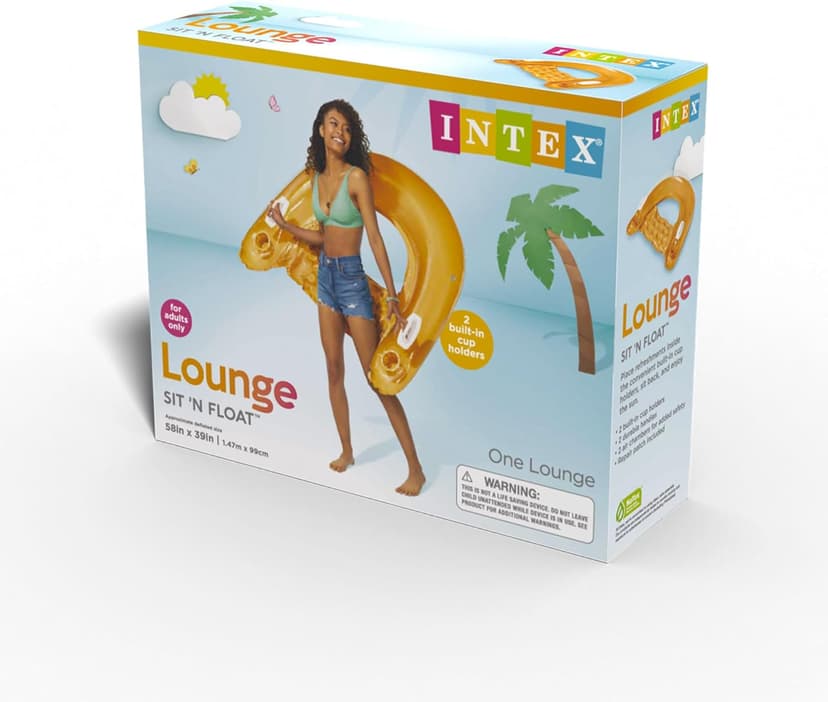 Intex 58859EP Sit 'N Float Inflatable Pool Float: Pool Lounge with Built-in Cup Holders – Heavy-Duty Handles – 220lb Weight Capacity – 58" x 39" – Colors May Vary