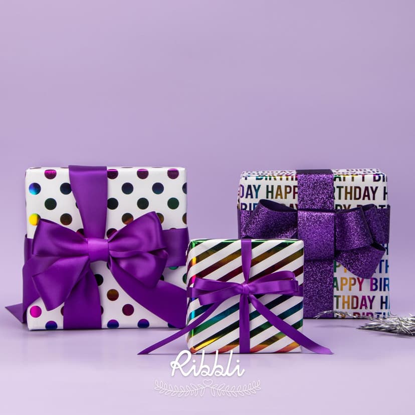 Ribbli Birthday Wrapping Paper Iridescent Gift Wrapping Paper Mini Roll, 3 Rolls Happy Birthday Polka Dots Stripes Printed Assortment - 17 inch x 120 inch(10feet) Per Roll B0CBRVLFSY