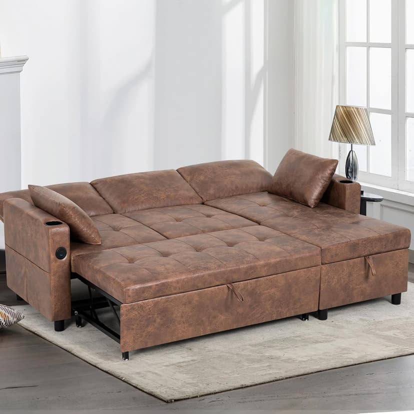 Lesofair 84" L-Shape Pull Out Sofa Bed with Adjustable Backrest, Upholstered Sectional Sleeper Sofa with Storage Chaise, Suede Leather Reversible Couch Bed with USB Port for Living Room, House, Brown