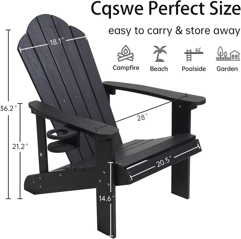 Adirondack Chair,All-Weather Can Used Patio Chair with Cup Holder,Sturdy Outdoor Lawn Chair,Easy Clean Surface and Anti-Tip Safety Features,Black