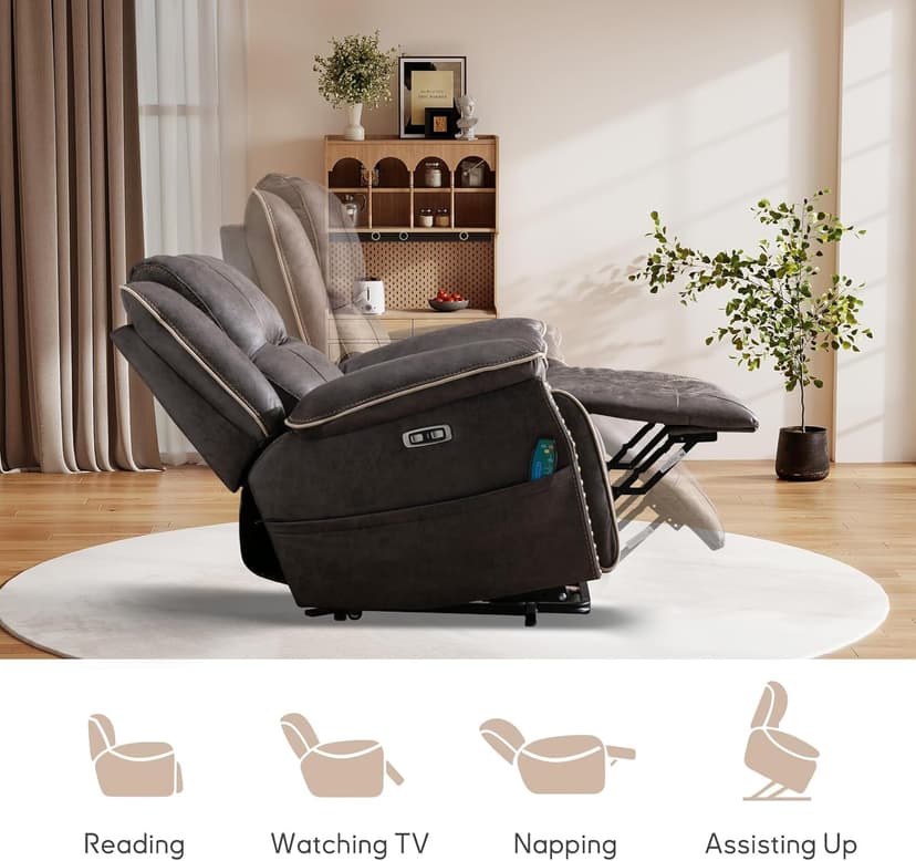 Bonzy Home Power Lift Recliner Chair for Elderly with Massage and Heating, Dual Motor Faux Leather Lift Chair with Spacious Seat, 2 Cup Holders, Adjustable Headrest (Grey Brown)