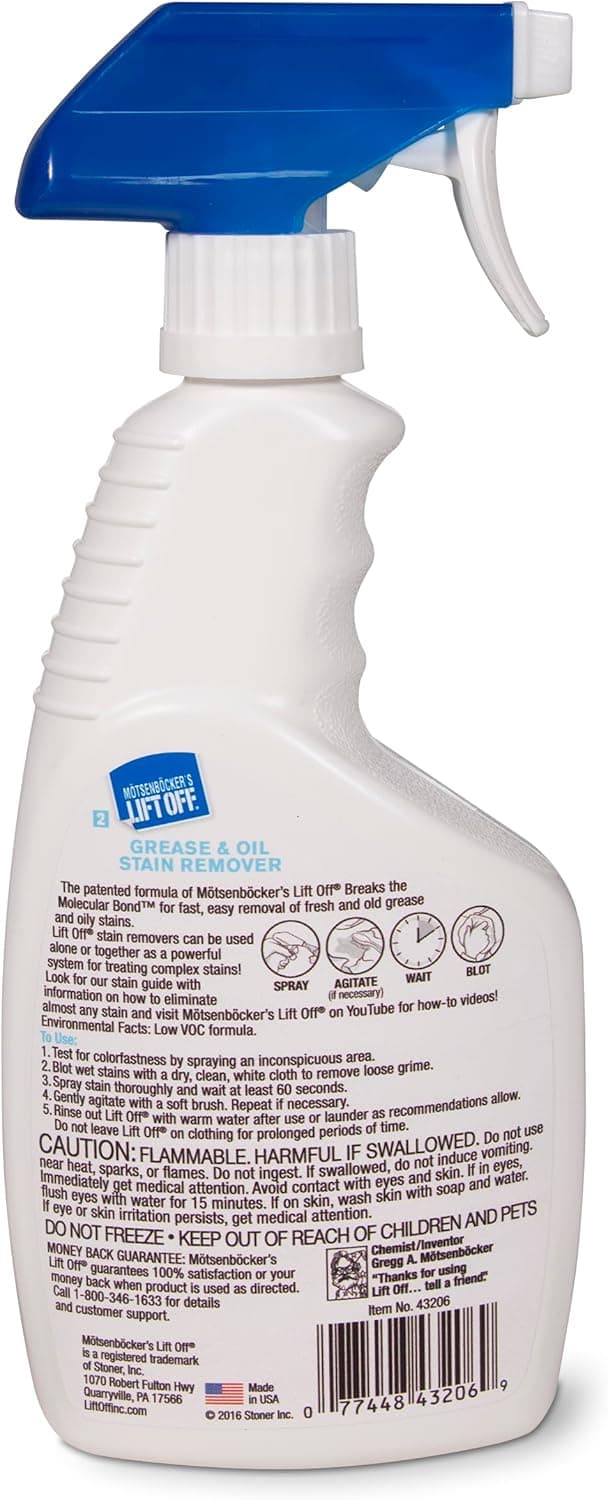 Motsenbocker’s Lift Off 43206 16-Ounce Grease and Oil Stain Remover Spray Eliminates Tough Stains on Carpets Fabric and Upholstery Use as Pre-Wash Laundry Treatment, clear