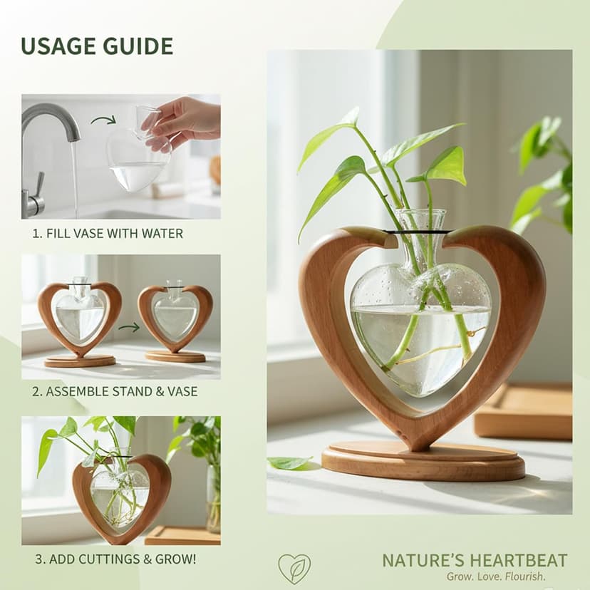 Rooting Vase for Cuttings, Plant Terrarium, Air Plant Holder, Plant Lovers Mom Wife Gift Home Office Christmas Tabletop Decor Plant Propagation Station, Heart Glass Vase, Solid Wooden Stand B0GL1XT2S7