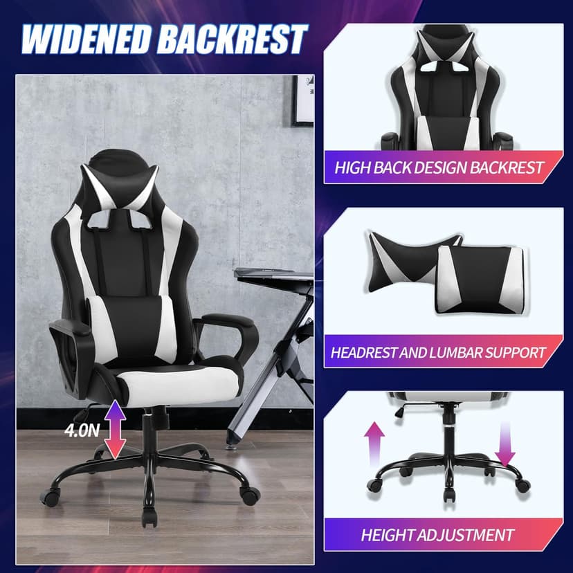 Gaming Chair Office Chair High-Back Ergonomic Video Game Chairs for Kids Teen Adult Height Adjustable Reclining Computer Chair with Lumbar Support Armrest Headrest Game Chair - White