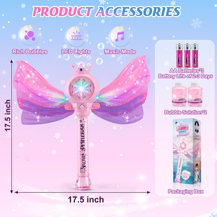 3 AA Batteries & 2 Bubble Solutions, Outdoor Party Birthday Gift for Girls 3-8, Bubble Machine for kids, Princess Toys, Pink Bubble Wand for Kids, LED Light Music Bubble Toys Girl Gifts Age 3+ B0BX57W4RX