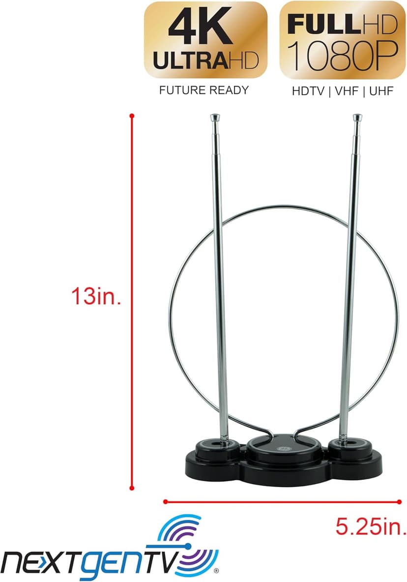 GE Traditional Rabbit Ears Indoor Black TV Antenna, 15 inch Extendable Dipoles and Circular Loop, Tabletop Antenna, Digital, HDTV Antenna, Smart TV Compatible, 4K 1080P VHF UHF, Compact Design, 33676 Rabbit Ear Antenna