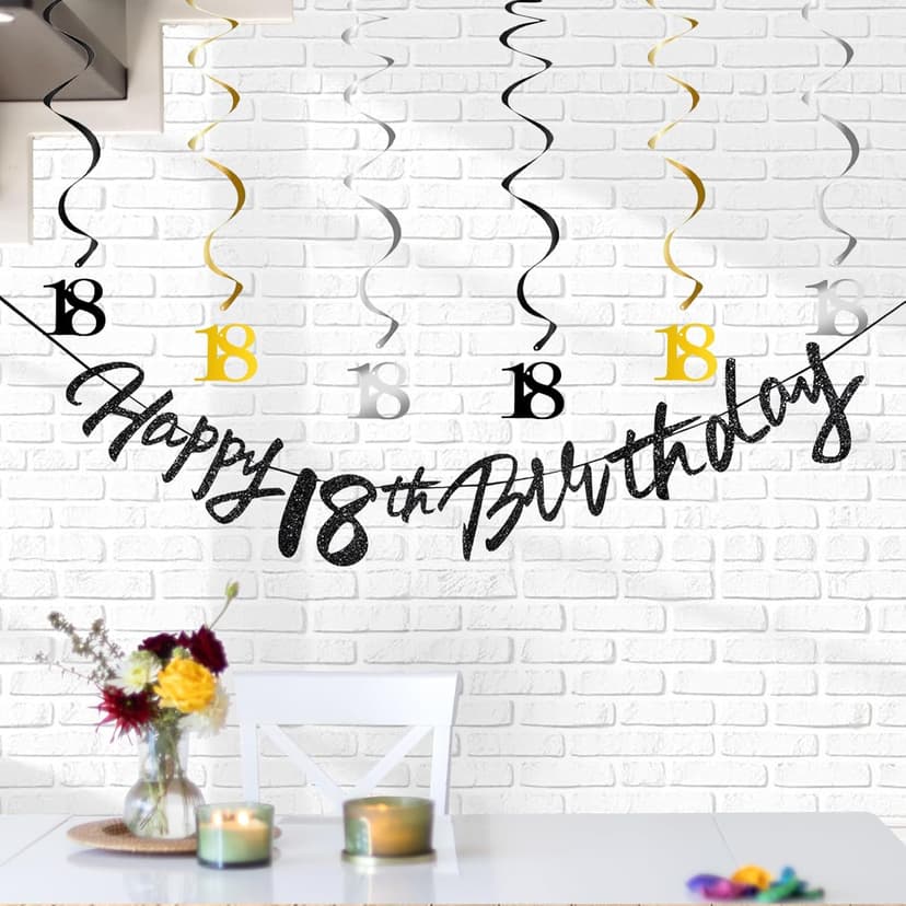 18th Birthday Decorations for Boys Swirls Streamers Set, Hanging Vortex Happy 18th Birthday Banner for Girls, Black and Gold 18 Birthday Decor Party Bunting