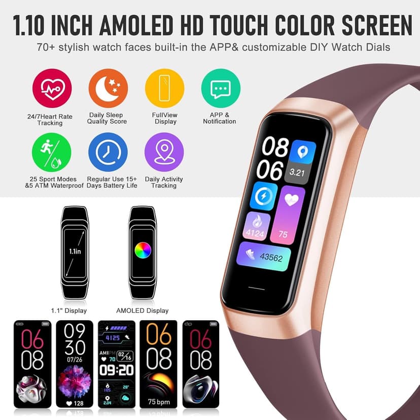 Fitness Tracker with 24/7 Heart Rate Blood Oxygen Sleep Monitor, 1.1" AMOLED Touch Screen Activity Tracker Smart Watches, IP68 Waterproof Step Counter Pedometer for Women Men