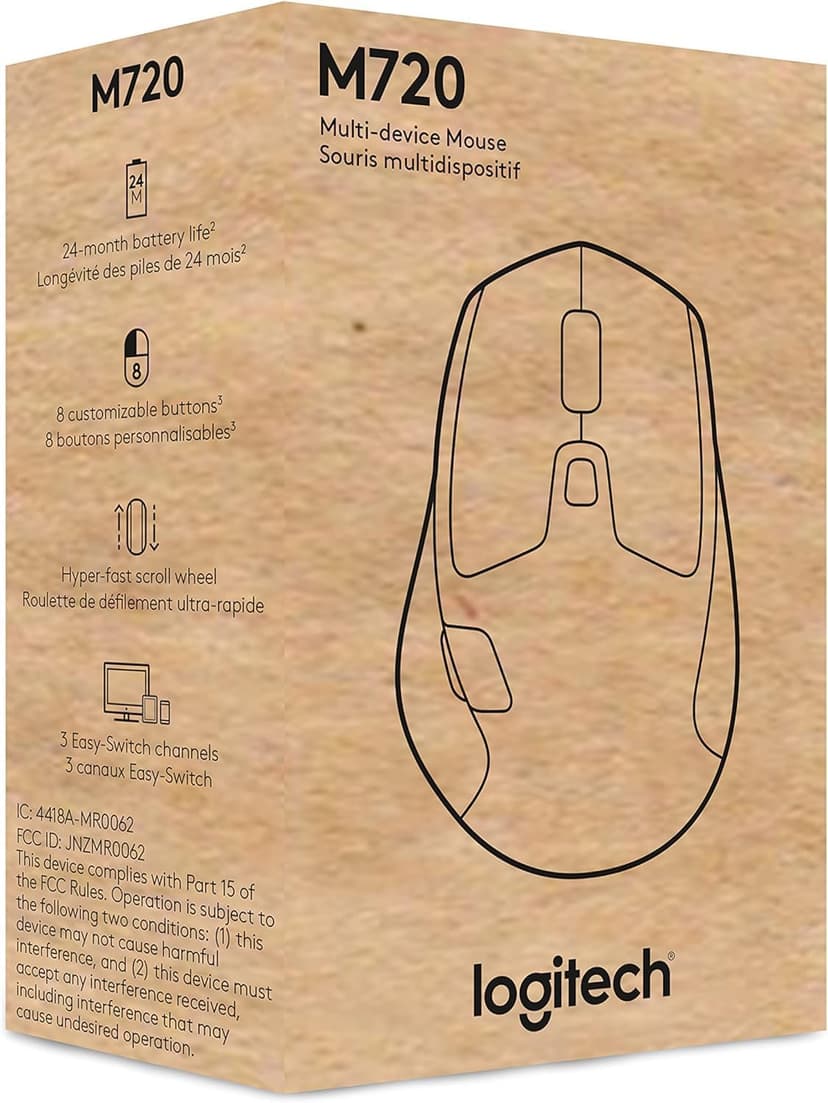 Logitech M720 Triathlon Wireless Mouse, Bluetooth, USB Unifying Receiver, 1000 DPI, 6 Programmable Buttons, 2-Year Battery, Compatible with Laptop, PC, Mac, iPadOS - Black