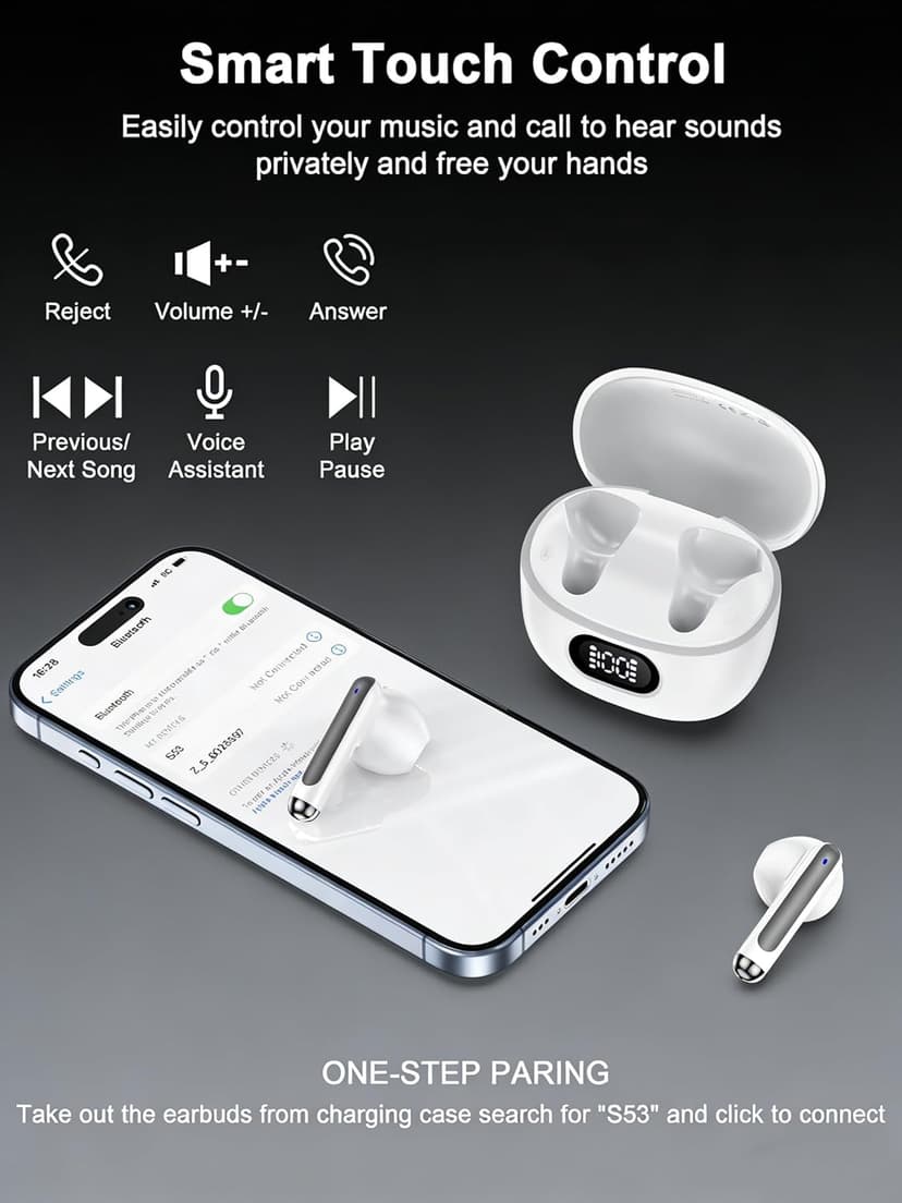 Wireless Ear Buds Bluetooth 5.3 Earbuds, iPhone 17 16e Earphones Headphone for iPhone 16 Pro Max/15/14/13, Samsung Galaxy A17 S25 Ultra, Google Pixel 10 9, OnePlus, Apple Air Pods Android Buds in Ear