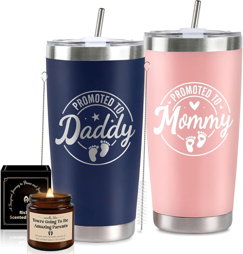 Pregnancy Gifts for New Parents, Mommy and Daddy 20Oz Tumbler Set, Cool Gifts Set Ideas for Couples,First Time Moms Dad to Be, New Parents on Mother's Day Father's Day Christmas Gift(Pink & Navy Blue)