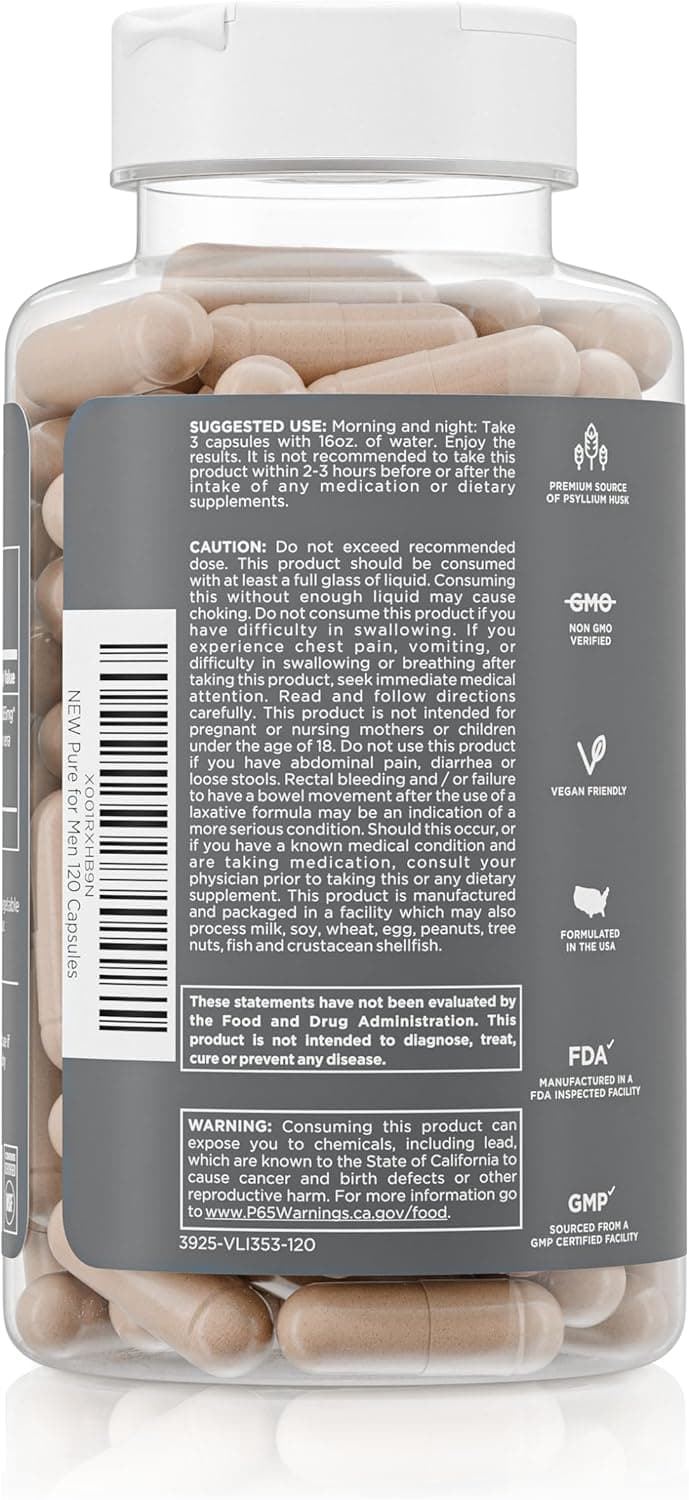 Pure for Men Pure for Men Original Vegan Cleanliness Stay Ready Fiber Supplement | Helps Promote Digestive Regularity | Psyllium Husk, Aloe Vera, Chia Seeds, Flaxseeds | Proprietary Formula | 120 Vegan Capsules