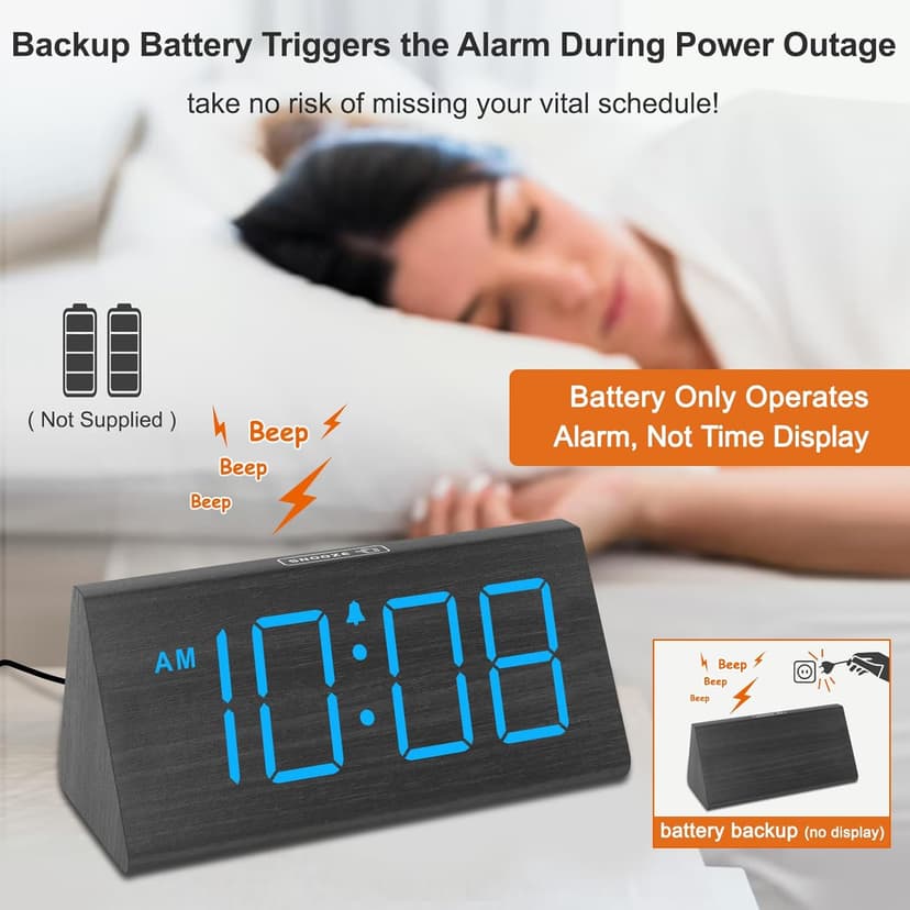 DreamSky Wooden Digital Alarm Clocks for Bedrooms - Electric Desk Clock with Large Numbers, USB Port, Loud Alarm for Heavy Sleepers, Adjustable Volume, Dimmer, DST, Wood Décor Gifts, Adapter Powered