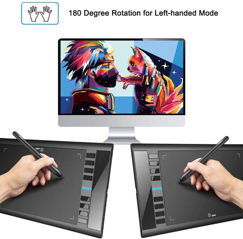 Graphics Drawing Tablet, UGEE M708 10 x 6 inch Large Drawing Tablet with 8 Hot Keys, Passive Stylus of 16384 Levels Pressure, UGEE M708 Graphics Tablet for Paint, Design, Art Creation Sketch