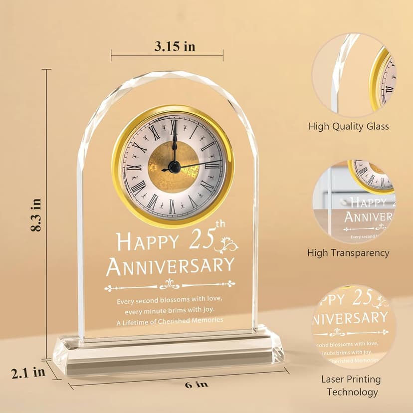25th Anniversary Wedding Decorations - Crystal Clock & Keepsake Gifts for Couple & Parents