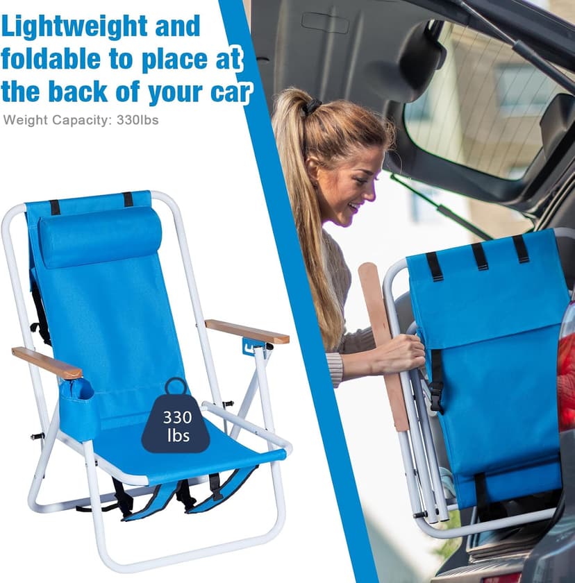 Set of 2 Folding Backpack Beach Chairs for Adults,Outdoor Folding Heavy Duty Camping Chair with Large Pockets and Cup Holder,Adjustable high Beach Lounge Chairs for Outdoor,Travel (Blue)