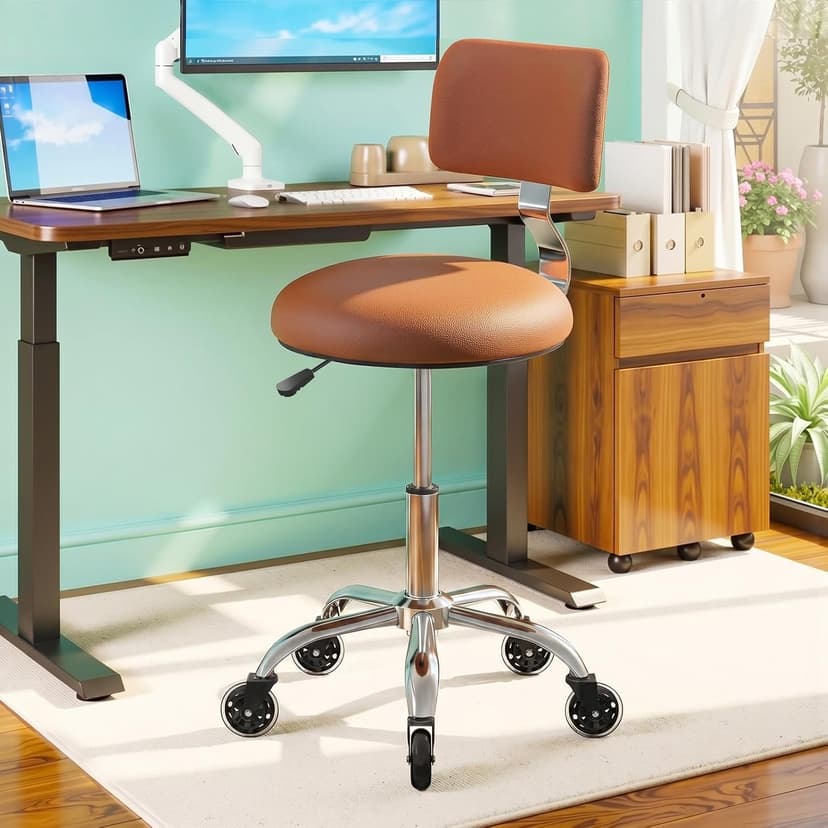 Rolling Stool Chair with Wheels, Office Drafting Chair with Back Support, Height Adjustable Standing Desk Stool with PU Leather Cushion for Home Office Kitchen Vanity Spa Garage Tattoo Dentist, Camel