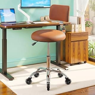Rolling Stool Chair with Wheels, Office Drafting Chair with Back Support, Height Adjustable Standing Desk Stool with PU Leather Cushion for Home Office Kitchen Vanity Spa Garage Tattoo Dentist, Camel