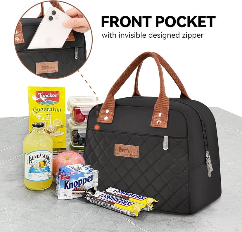 HOMESPON Insulated Lunch Bag for Women Men Adults Lunch Tote with Front Pocket Lunch Box Container Cooler Bag for Work Picnic (Black)