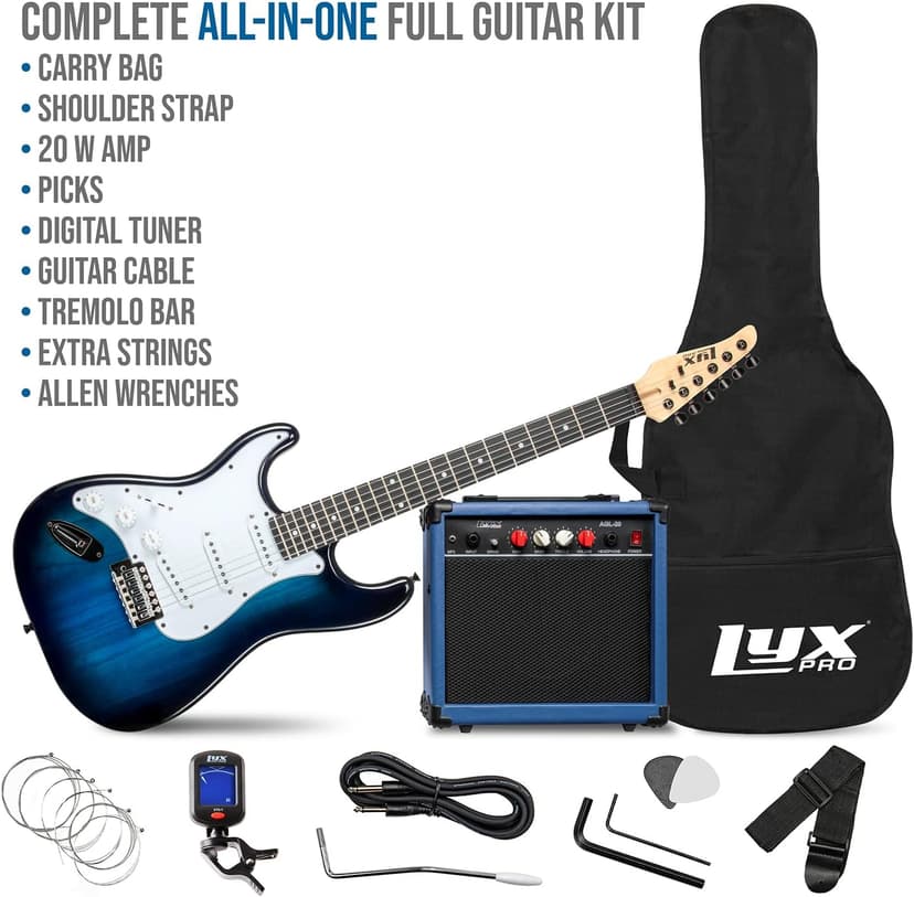 LyxPro Left Hand 39 Inch Electric Guitar and Starter Kit for Lefty Full Size Beginner’s Guitar, Amp, Six Strings, Two Picks, Shoulder Strap, Digital Clip On Tuner, Cable and Soft Case - Blue