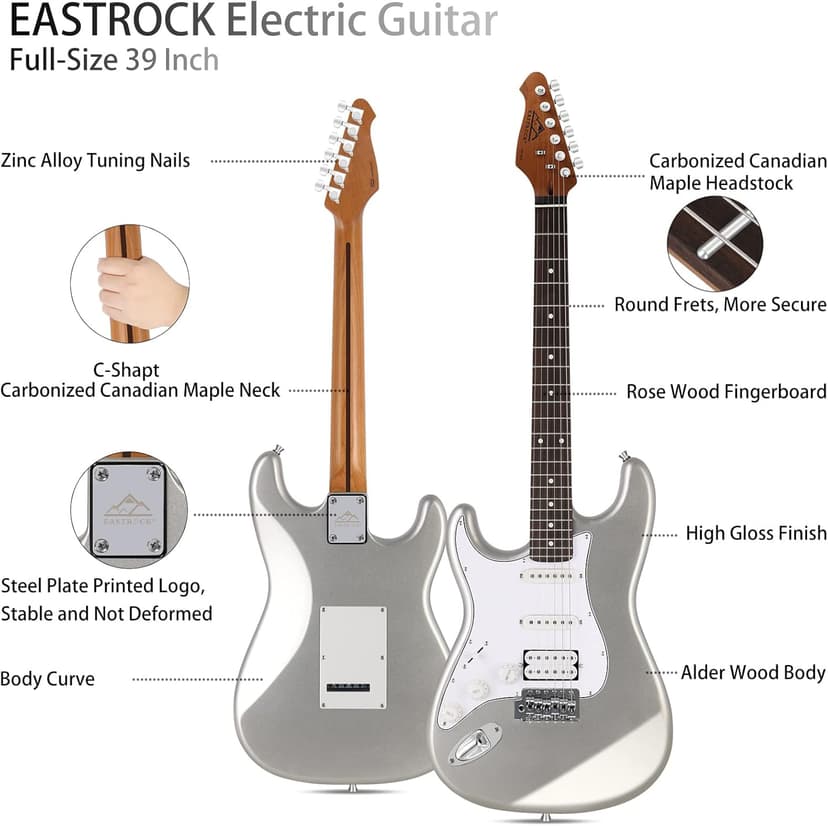 EASTROCK 39 inch Full-Size Electric Guitar Kit for Beginner Starter with 10w Amp, Bag, Capo, Shoulder Strap, String, Cable, Picks.(39" Left Handed, Silver Gray) Not Contain a Battery