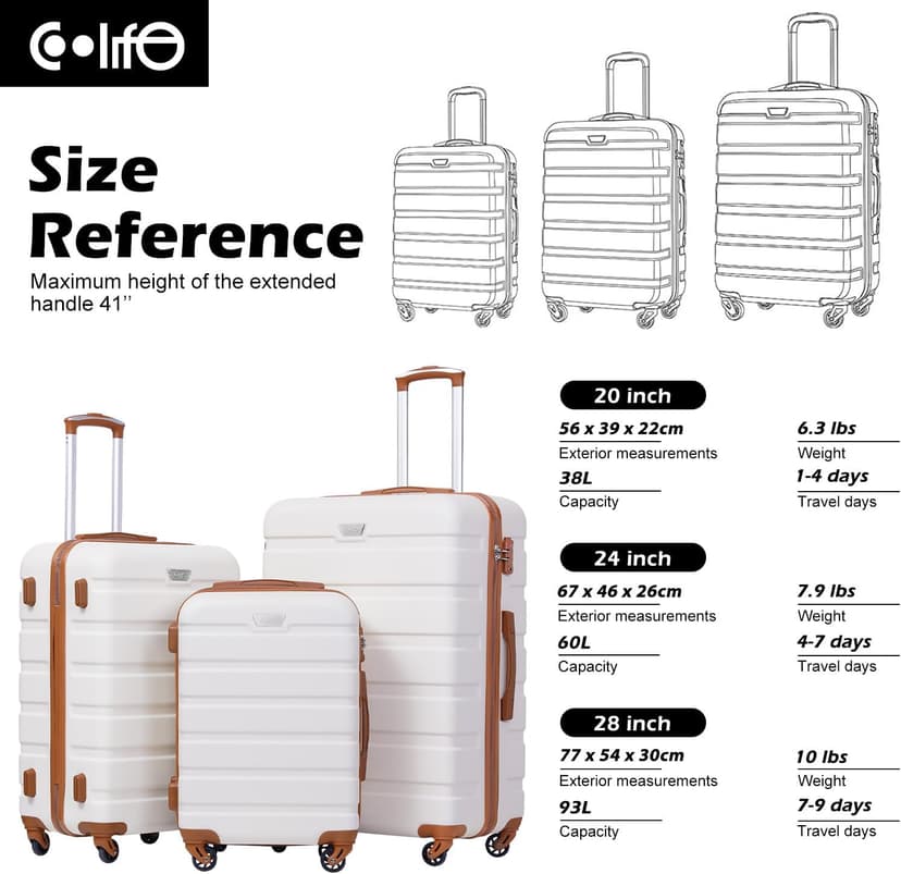 Coolife Luggage 3 Piece Set Suitcase Spinner Hardshell Lightweight TSA Lock (apricot white,20/24/28)