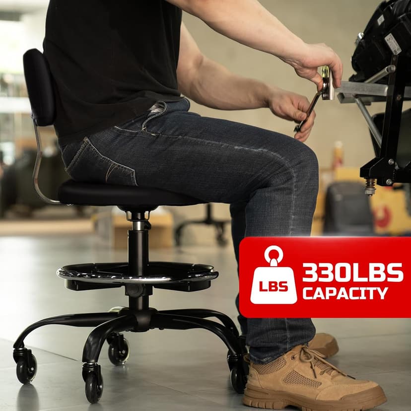 Rolling Shop Stool with Wheels, Garage Mechanic Stool Chair with Backrest, Height Adjustable Heavy Duty Swivel Task Chair, Adjustable Footrest with Storage Tray for Garage Kitchen Salon Tattoo (Black)