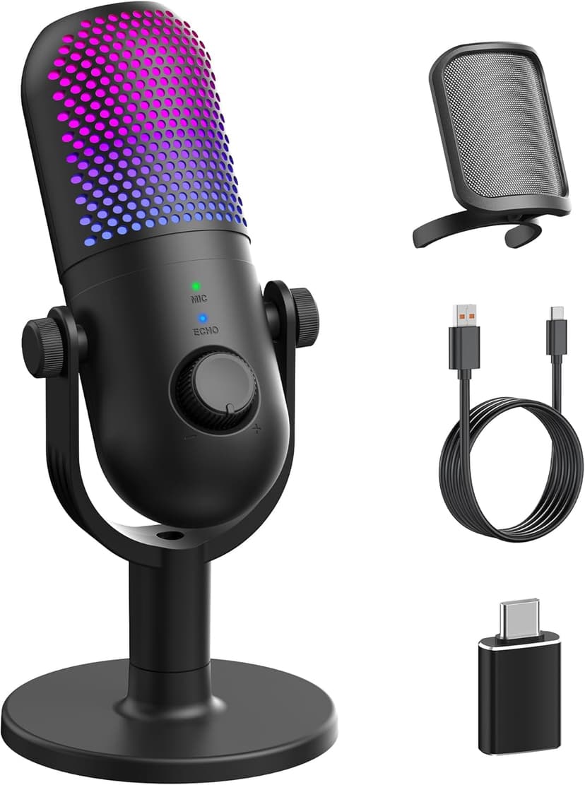 USB Microphone for PC Gaming: Condenser Microphone RGB for Gamer with Stand Mic - Recording Mic for Computer&Laptop with Qiuck Mute - Desk Podcast Mic for Podcast & Singing & Streaming & Youtube Black
