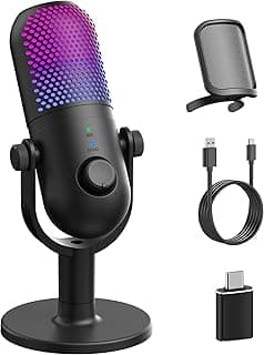 USB Microphone for PC Gaming: Condenser Microphone RGB for Gamer with Stand Mic - Recording Mic for Computer&Laptop with Qiuck Mute - Desk Podcast Mic for Podcast & Singing & Streaming & Youtube Black