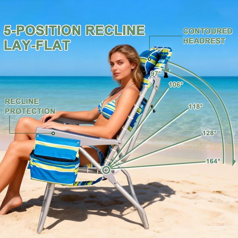 Romswi Tall Beach Chair Extra Wide for Adults, 17" High Seat Backpack Beach Chair with Cooler Bag, Cup & Phone Holder, 5-Position High Back Reclining Chair with Towel Bar & Zipper Pocket, Blue Stripes