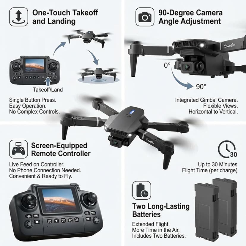 E88 Drone with Screen Controller with SD card, Foldable Mini Drone for Beginners, 2 Batteries, 360° Flips Waypoint Fly, Active Obstacle Avoidance, One Key Take Off/Landing. (2 batteries - Black)