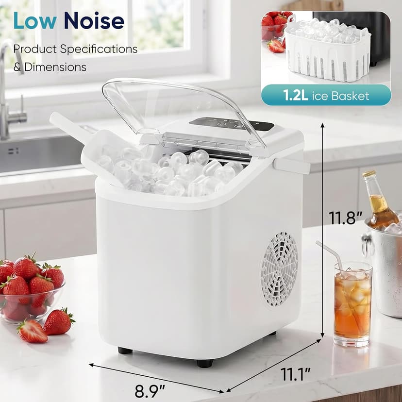 DUMOS Ice Maker Countertop, Ice Machine with Portable Handle, Basket and Scoop, 26lbs Daily, 9 Bullet Cubes in 6~8 Mins, Auto-Cleaning for Home, Kitchen, Office, Outdoors, RV Camping