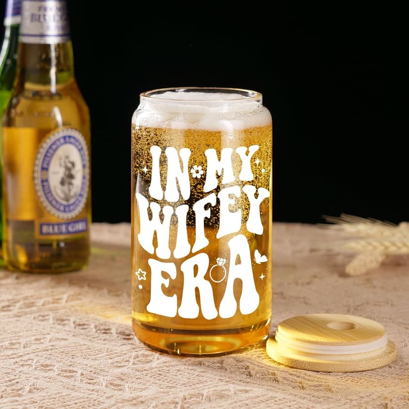 Fairy's Gift Wifey Era Cup, Wedding, Bride Gifts for Her, Bridal Shower, Engagement Gifts for Women, Couples, 16 oz Coffee Glass Cups w/Lids Straws, Bachelorette Presents for Bride to be, Future Mrs