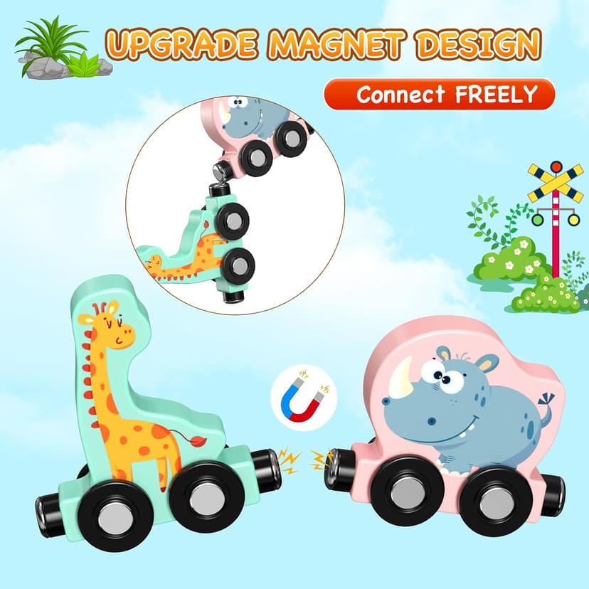 Zeoddler Toys for Toddlers, 11 Magnetic Wooden Animals Train Set, Montessori Toys for Toddlers, Preschool Learning Activities for Kids, Birthday Gifts for Boys, Girls