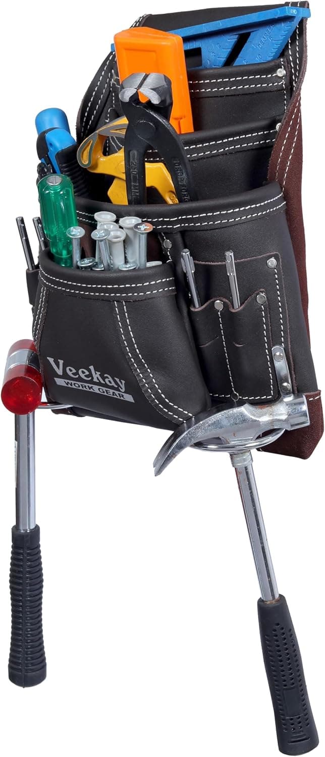 VEEKAY 10 Pockets Men Resin Finish/Oil Tanned Leather Tool Pouch White and Brown Bags Fastener Carpenter's Nail, Tool Heavy Duty Steel Hammer Loop, Belt Loop for Electrician Technician Installers