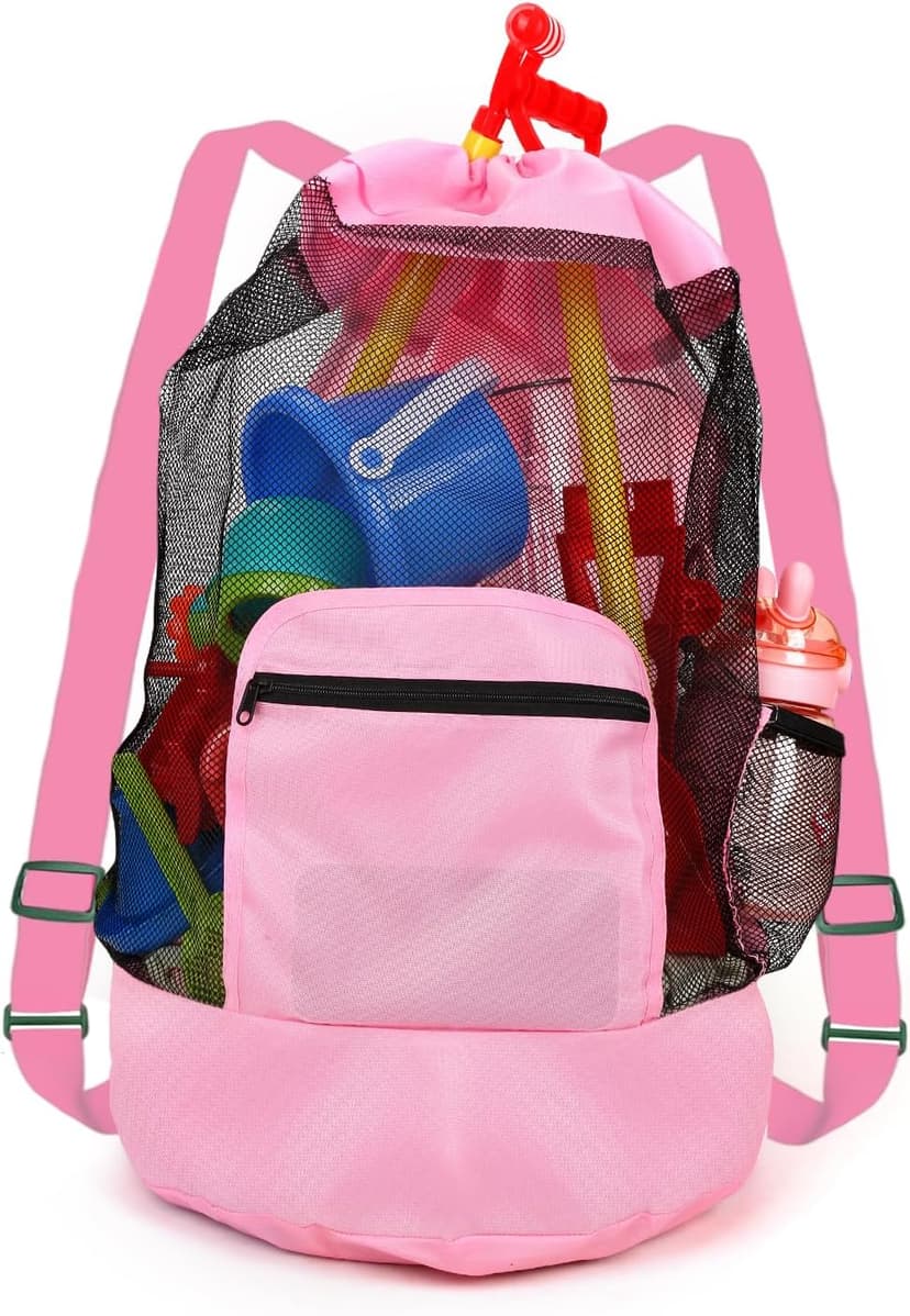 Beach toy bag，mesh backpack for beach,Beach Must Haves Sand Box Toys Seashell Bags，Waterproof Swim Mesh Beach Bag (1, Pink)
