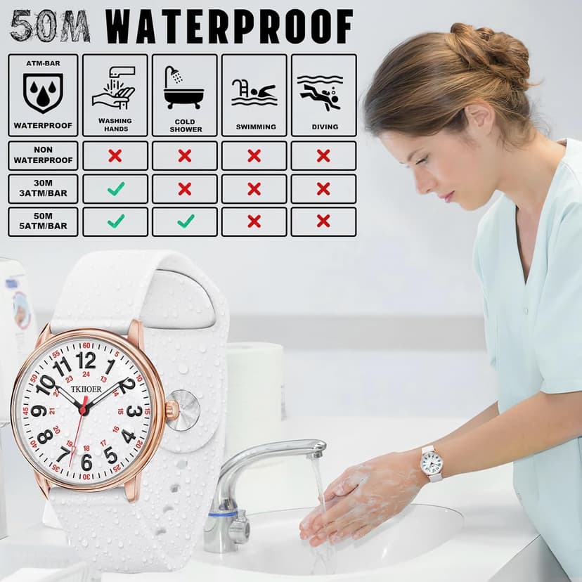 TKIIOER Nurse Watch for Nurse Medical Professionals Students Women Men, 50M Waterproof 12/24 Hour Military Time Luminous Easy Read Dial, Second Hand Watch for Nursing