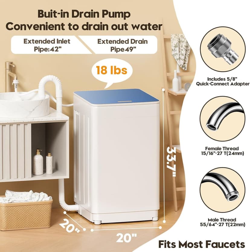 Auertech 18 lbs Portable Washing Machine, Fully Automatic Portable Washer with LED Display, 7 Wash Cycles, 4 Water Levels, Top Load Washing Machine for Apartment, RV, Dorm, Home