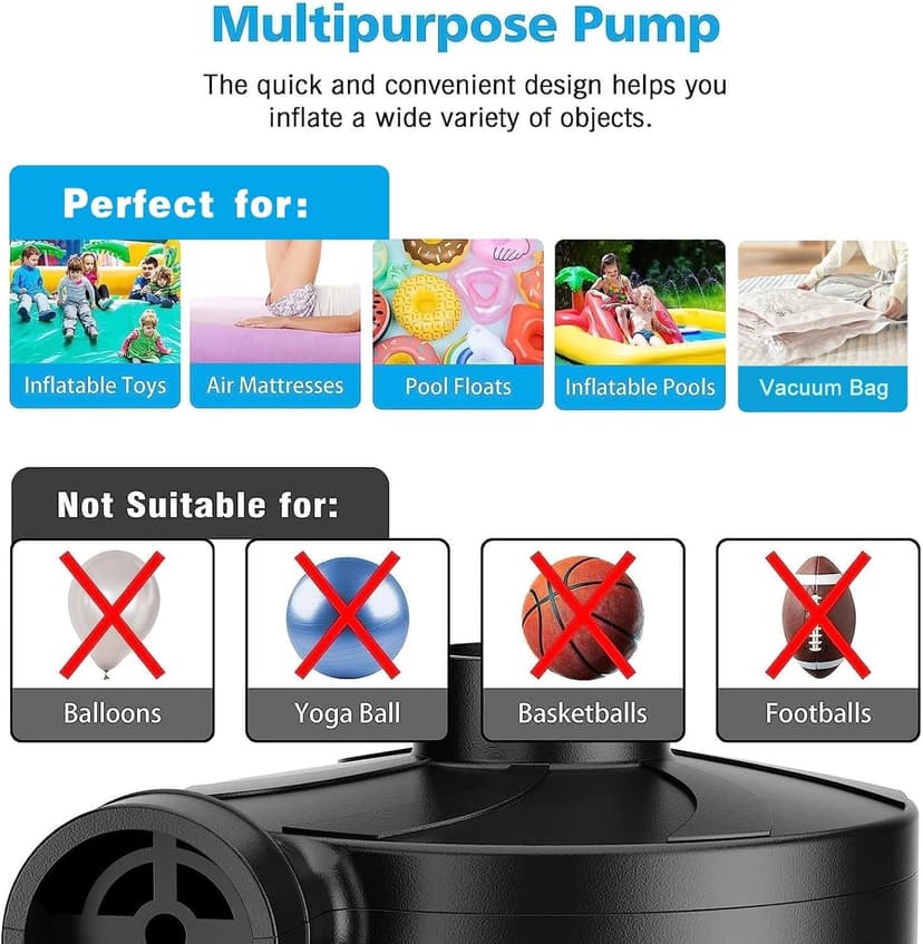Electric Air Pump for Inflatables,Portable Quick-Fill Air Pump with 3 Nozzles,110-120V, Inflator & Deflator Pumps for Outdoor Camping, Air Mattress Beds,Boats,Inflatable Cushion,Couch,Pool Floats