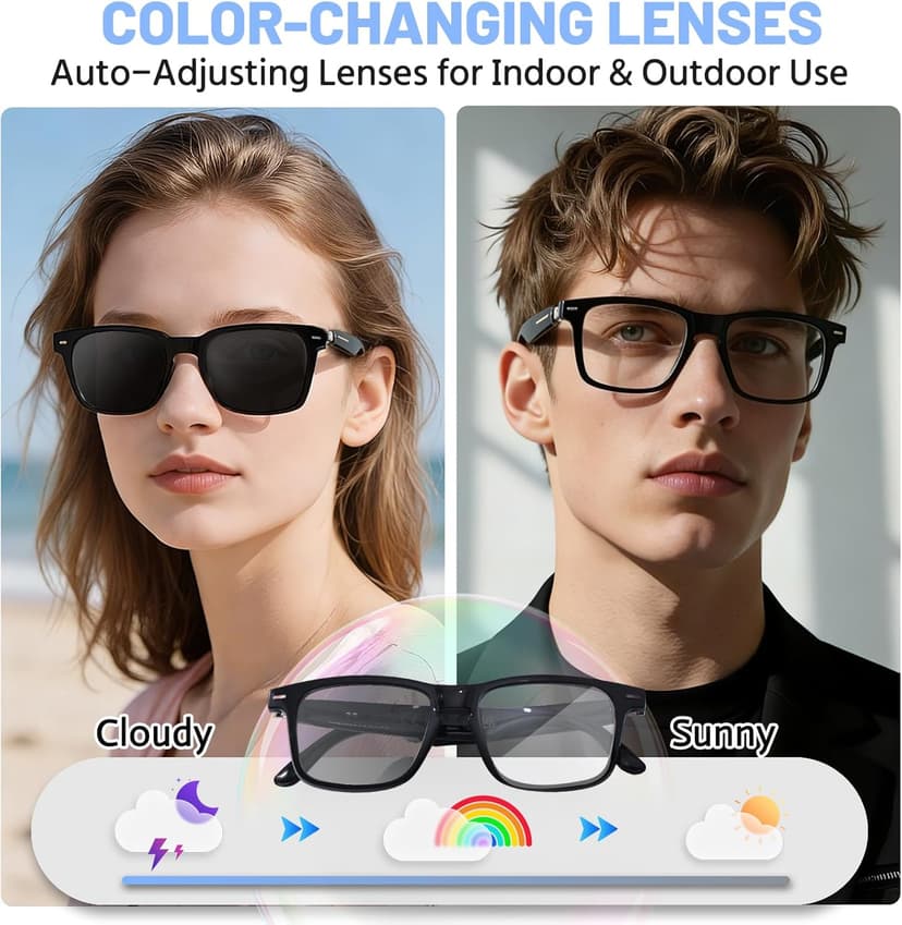 AI Smart Glasses for Men & Women – Powered by ChatGPT, 164+ Languages Translation and Photochromic Lens, Meeting Assistant, Bluetooth Glasses w/ Music & Hands-Free Calling, UV & Blue Light Protection