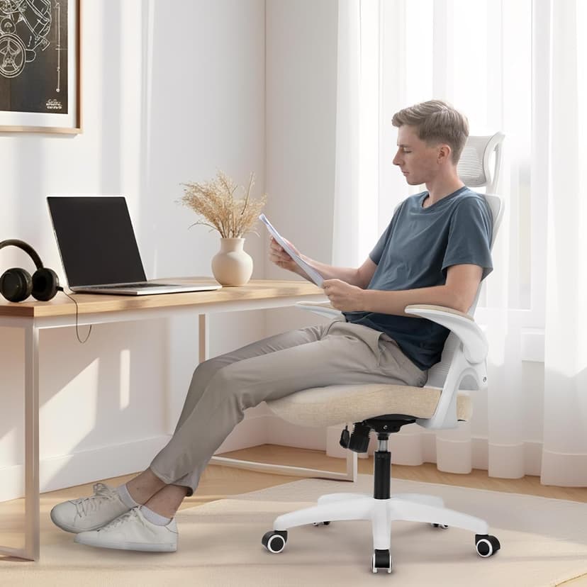 NEO CHAIR Office Desk Chair Gaming Computer High Back Support Mesh Comfy Seat with Adjustable Ergonomic Headrest Lumbar Rolling Flip-up Armrests and Wheels (Beige)