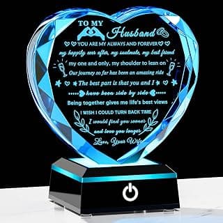 YWHL Gifts for Husband from Wife with Colorful LED Base Anniversary Birthday Gifts for Husband to My Husband Crystal Heart keepsake I Love You Gifts for Him on Valentine Christmas Fathers Day B0D86M2CG9