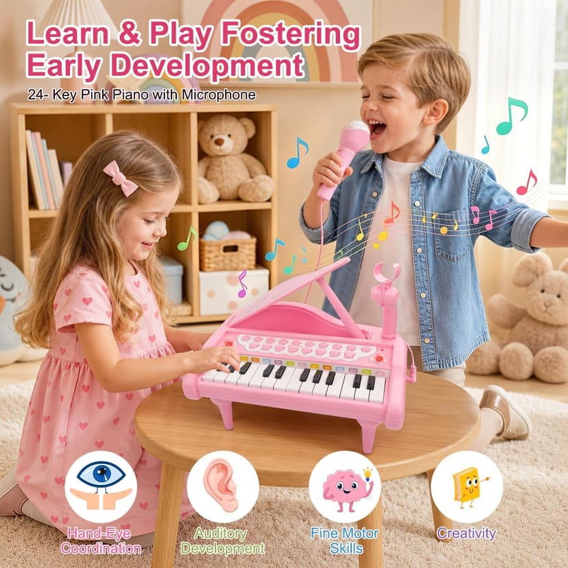 Kids Piano with 22 songs, 8 Percussion Sounds, LED lights, 4 Instrument Modes and Connect to MP3, Phone & Tablet Love&Mini Piano Toys for Girls, 24-Key with Mic, Record & Playback, Ages 3+ B08RB4H9ZN