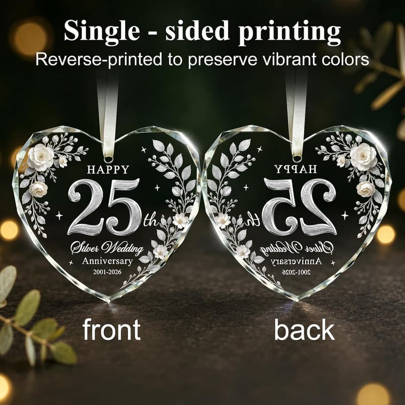 Glass 25th Anniversary Gifts for Couples Wife Husband Parents, 25 Year Anniversary Ornaments for Christmas Tree Decorations 25th Wedding Anniversary Ornament, Happy 25th Silver Anniversary Keepsake B0HFJ9P8KK