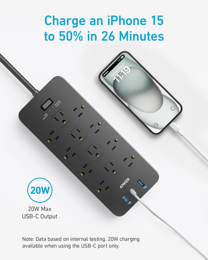 Anker Power Strip Surge Protector (2100J), 12 Outlets with 2 USB A and 1 USB C Port for Multiple Devices, 5ft Extension Cord, 20W Power Delivery Charging for Home, Office, Dorm Essential, TUV Listed