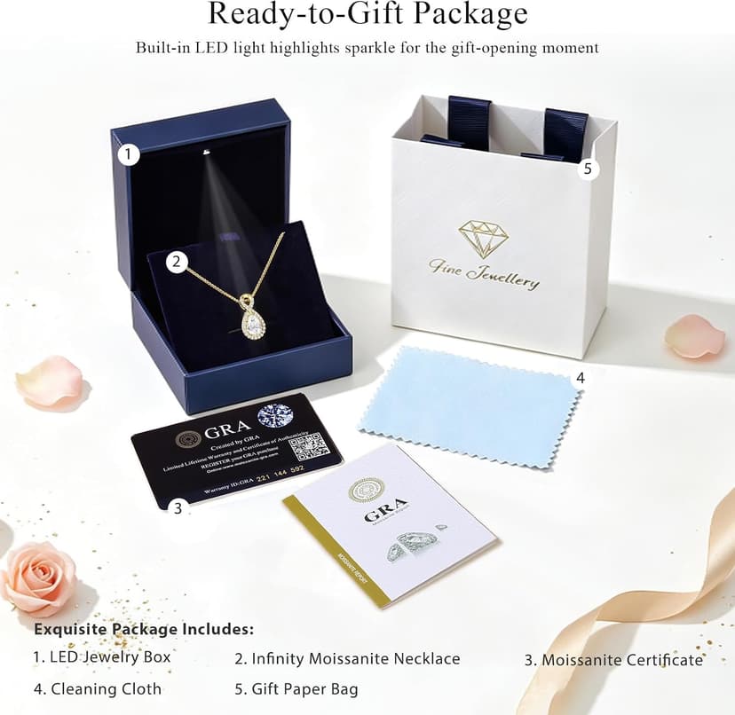 D-VVS1|18K Gold Plated S925 Sterling Silver Women's Jewelry Gift for Women Christmas Mothers Valentines Day, w/LED Gift Box 2CT Moissanite Necklaces for Women Anniversary Birthday Gift for Wife Her B0H94B9M51