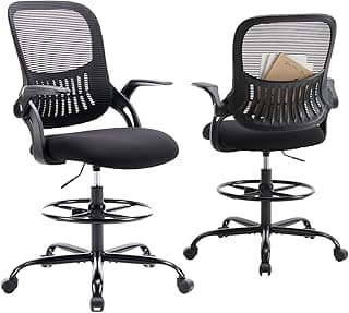 DUMOS Drafting Chair for Standing Desk, Counter Height Adjustable, Flip-up Arms, Ergonomic Mid Back Mesh Rolling Work 360° Swivel Office Computer Chairs with Wheels, for Bedroom Livingroom, Ink