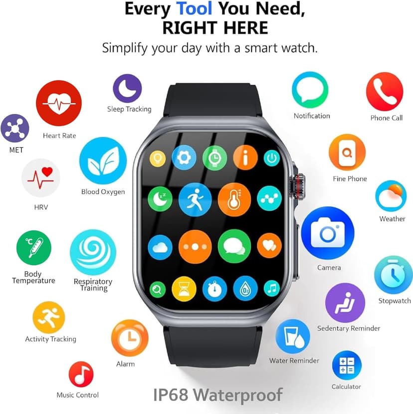 Health Smart Watches for Men Women - 1.87'' Large Display Fitness Trackers Watch with Heart Rate, Blood Pressure, Blood Oxygen, Sleep & Stress Track, 110+ Sports Modes, IP68 Waterproof Watch,Black