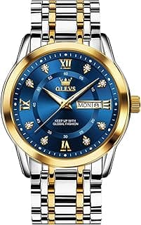 OLEVS Men's Stainless Steel Watch, Large Face Roman Numerals Diamond Accented Three-Hand Analog Quartz Watches for Men, Easy to Read Day Date Waterproof Luminous Mens Wristwatch